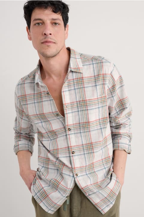 Men's Dip Circle Linen-Cotton Check Shirt Image