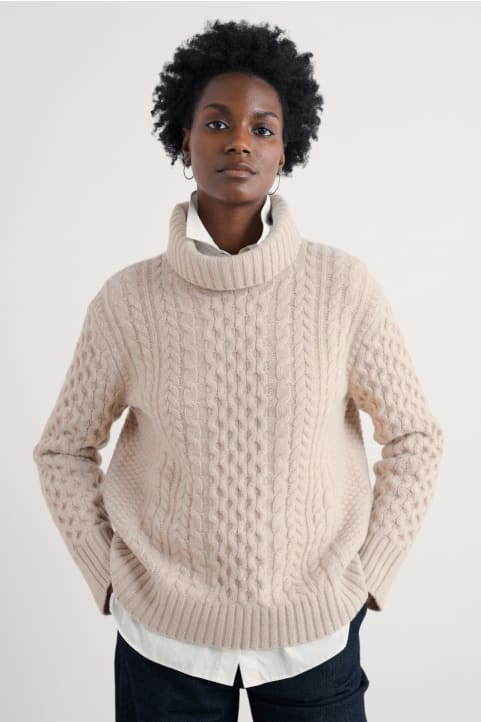 Pine Forest Cable Knit Merino Jumper Model Image