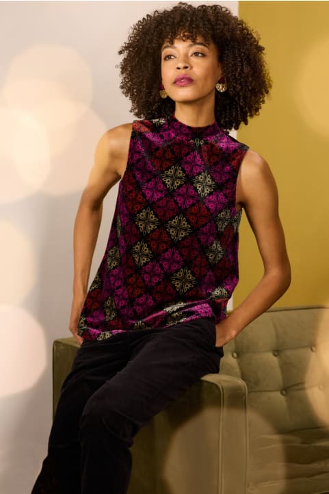 Winter Cherry Sleeveless Velvet Top Model Image