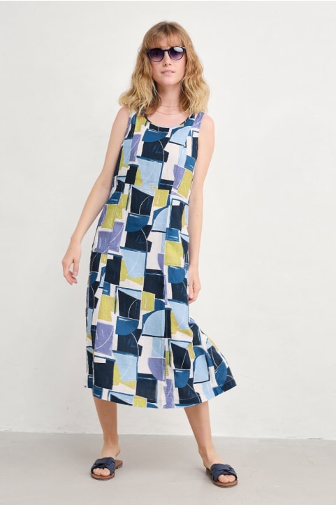 Sleeveless Grass Wave Linen Dress