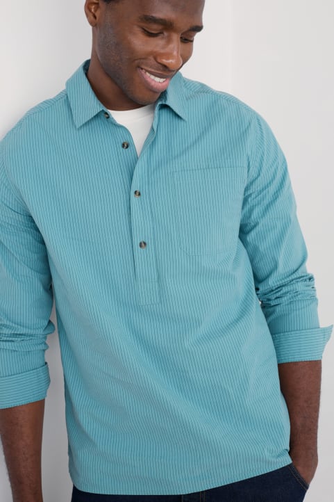 Men's Trevallack Organic Cotton Striped Shirt Model Image