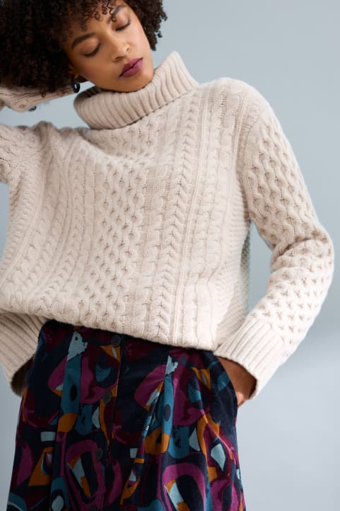 Pine Forest Cable Knit Merino Jumper Model Image