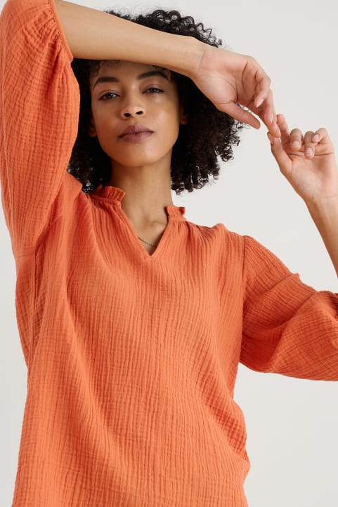 Portrait Frill Neck Top in GOTS-Certified Organic Cotton Model Image
