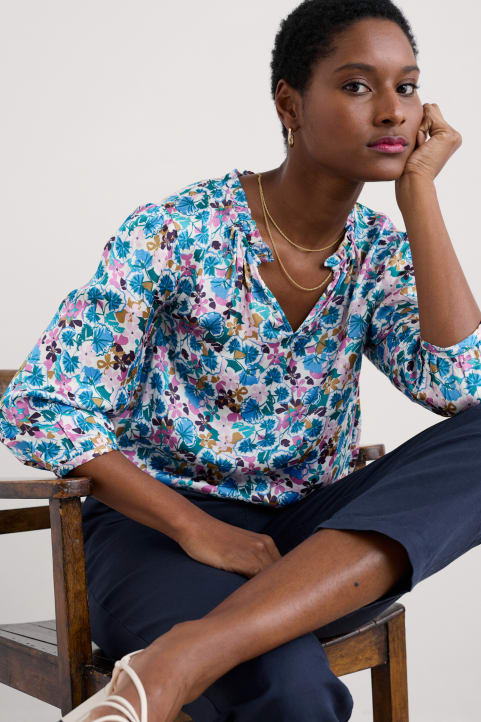 Flower Weave Satin Frill Neck Print Top Model Image