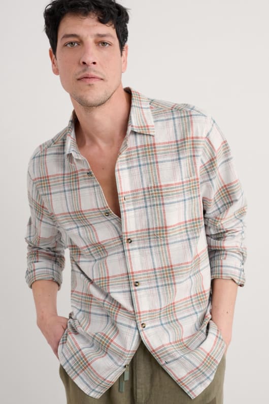 Men's Dip Circle Linen-Cotton Check Shirt