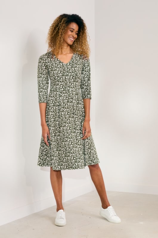 Pier View Dress with Three Quarter Sleeves Organic Cotton Fit and Flare Seasalt Cornwall