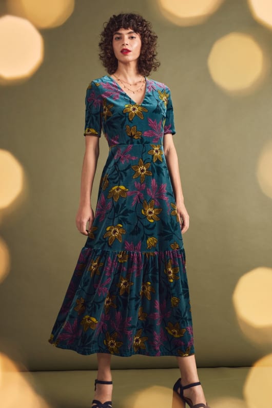 Penrose Printed Velvet Maxi Dress with a Tiered Hem Seasalt Cornwall