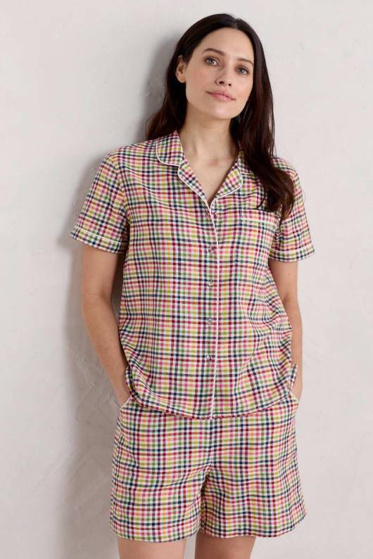 Senara Short Sleeve Summer Pyjamas Checked Organic Cotton Seasalt Cornwall