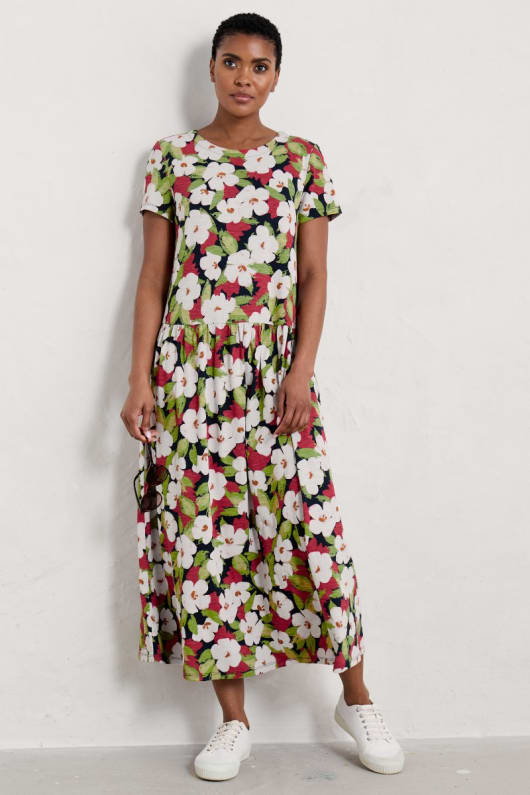 Cladonia Floral Short Sleeve T Shirt Jersey Dress Organic Cotton Seasalt Cornwall