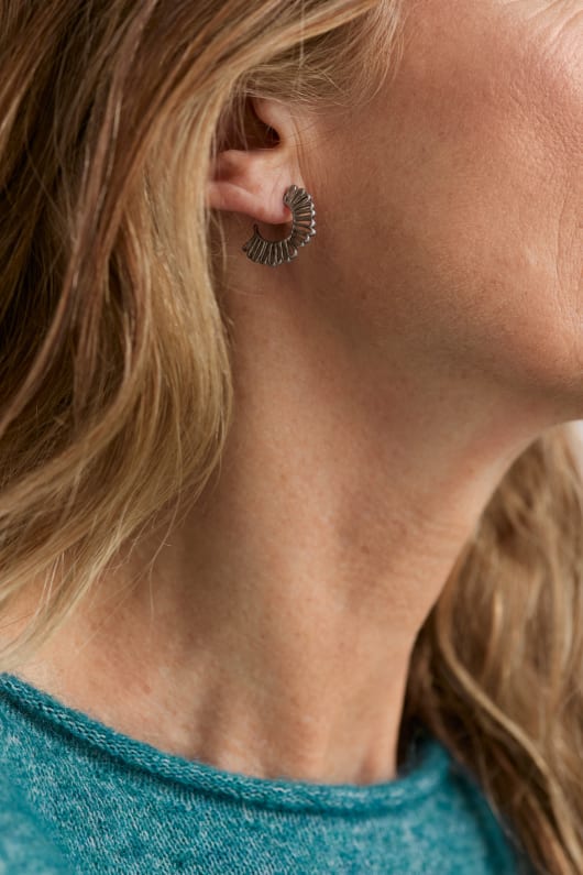 Strawflower Silver Tone Floral Hoop Earrings Model Image