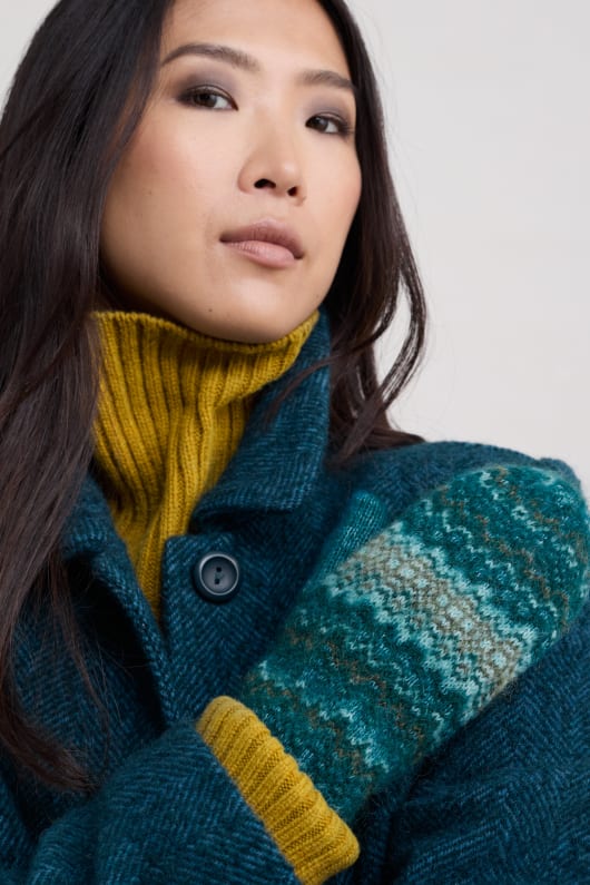 Dawn Sea Fair Isle Wool Blend Mittens Model Image