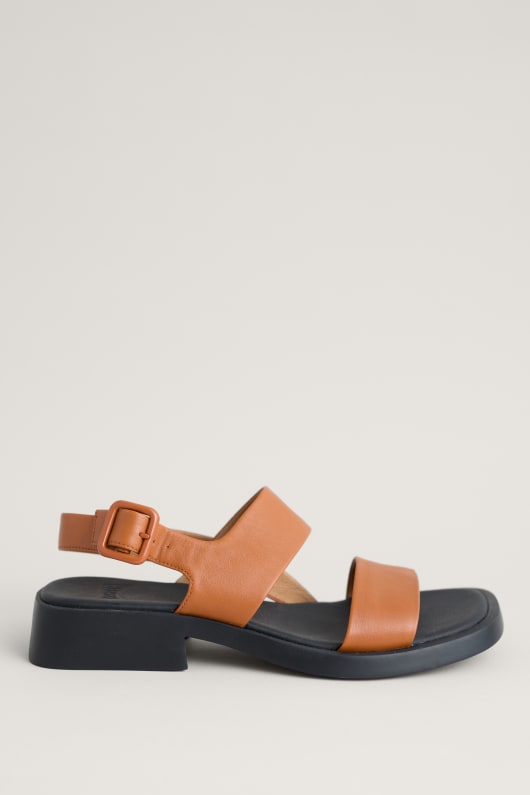 Camper Brown Low Heel Double Strap Sandals Model Image