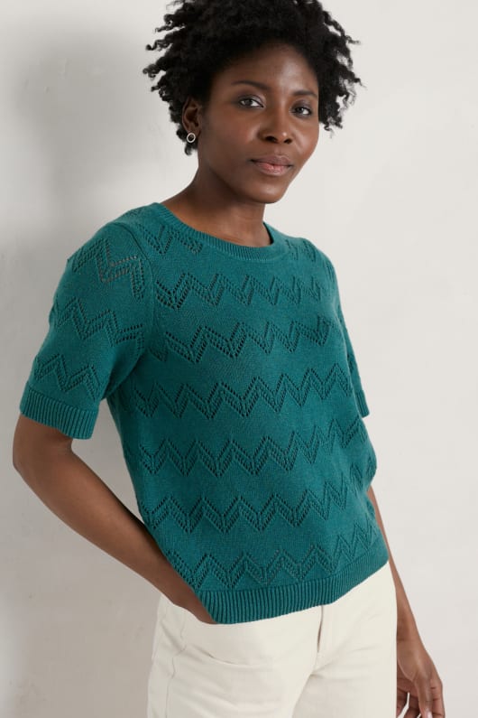 Perran Bay Short Sleeve Pointelle Knit Jumper Model Image