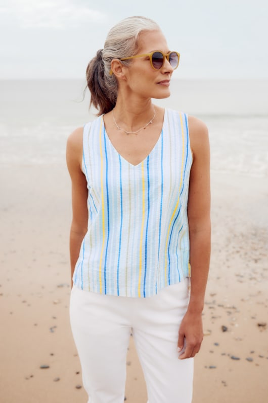 Selkie Striped Seersucker Vest Model Image