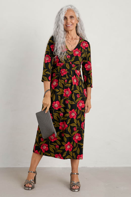 Flower Bud Jersey V- Neck Midi Dress Model Image