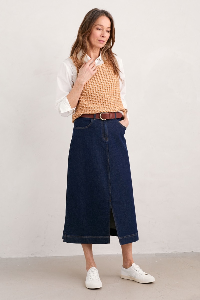 Mid calf length denim skirts sale