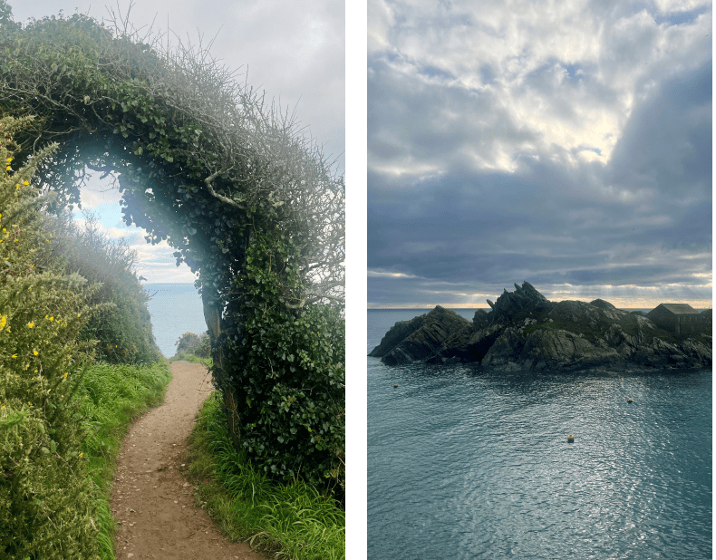 A winding sandy path under a green bush that has grown into an archway The coast path near Polperro